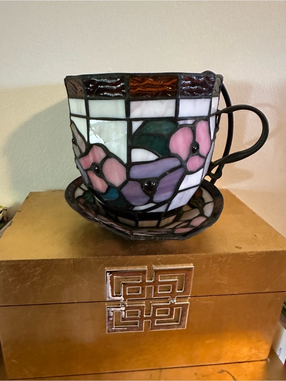 Stained Glass Floral Teacup Accent Lamp - Pink & Purple! Vintage